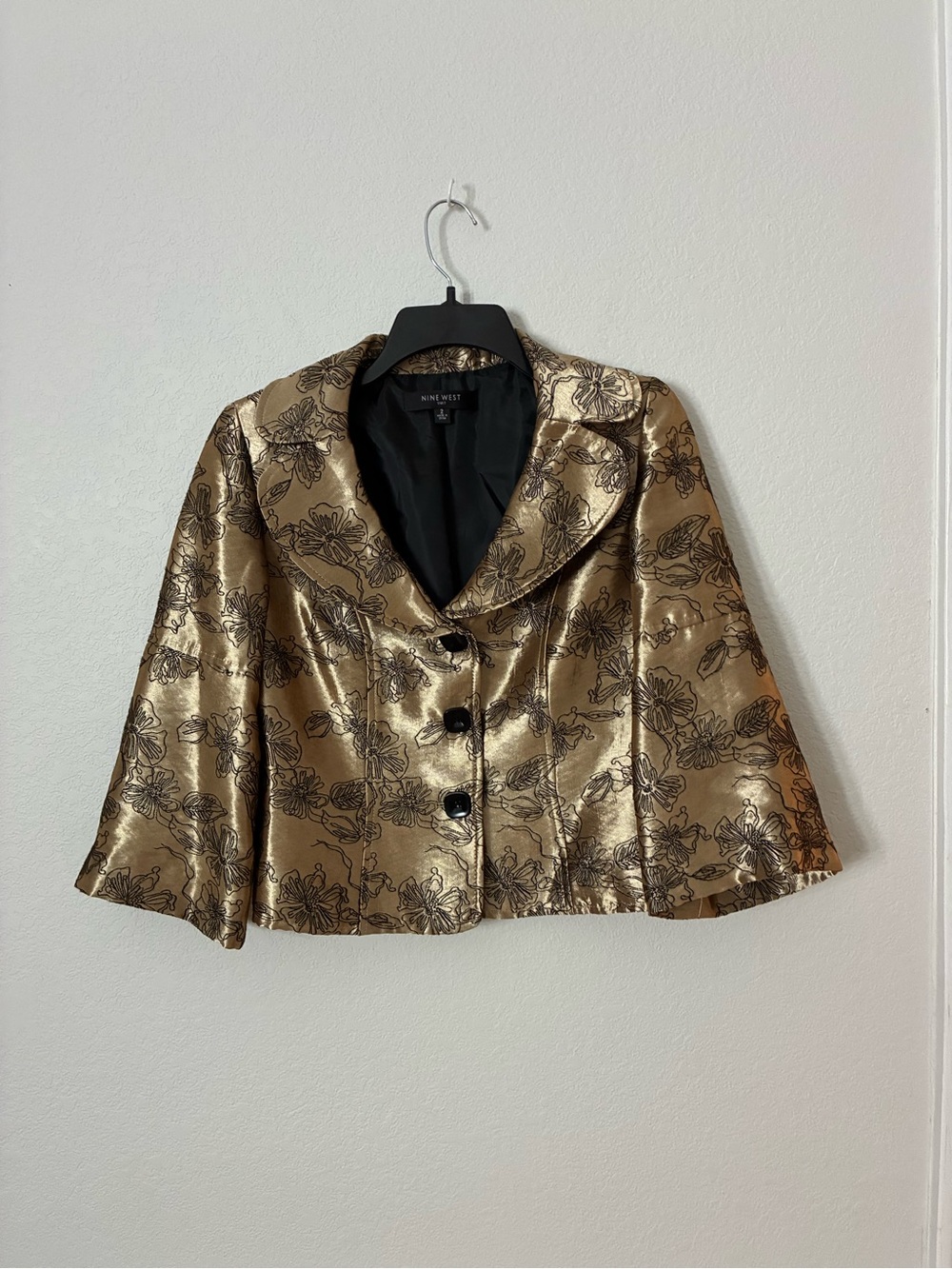 Nine West Gold Floral Jacquard Brocade Cropped Blazer Jacket Size 2